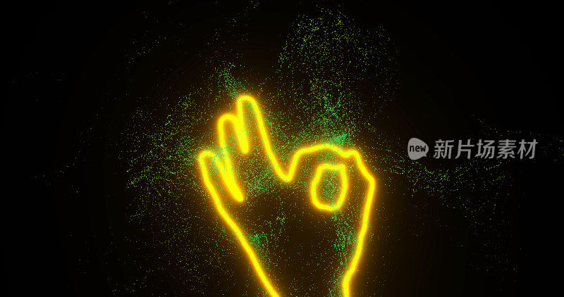 手表示OK的标志。黄色霓虹明亮发光的手轮廓，绿色粒子在黑色空间周围飞行，vfx 3d渲染。同意的概念，一切都很好，极好，做得很好。